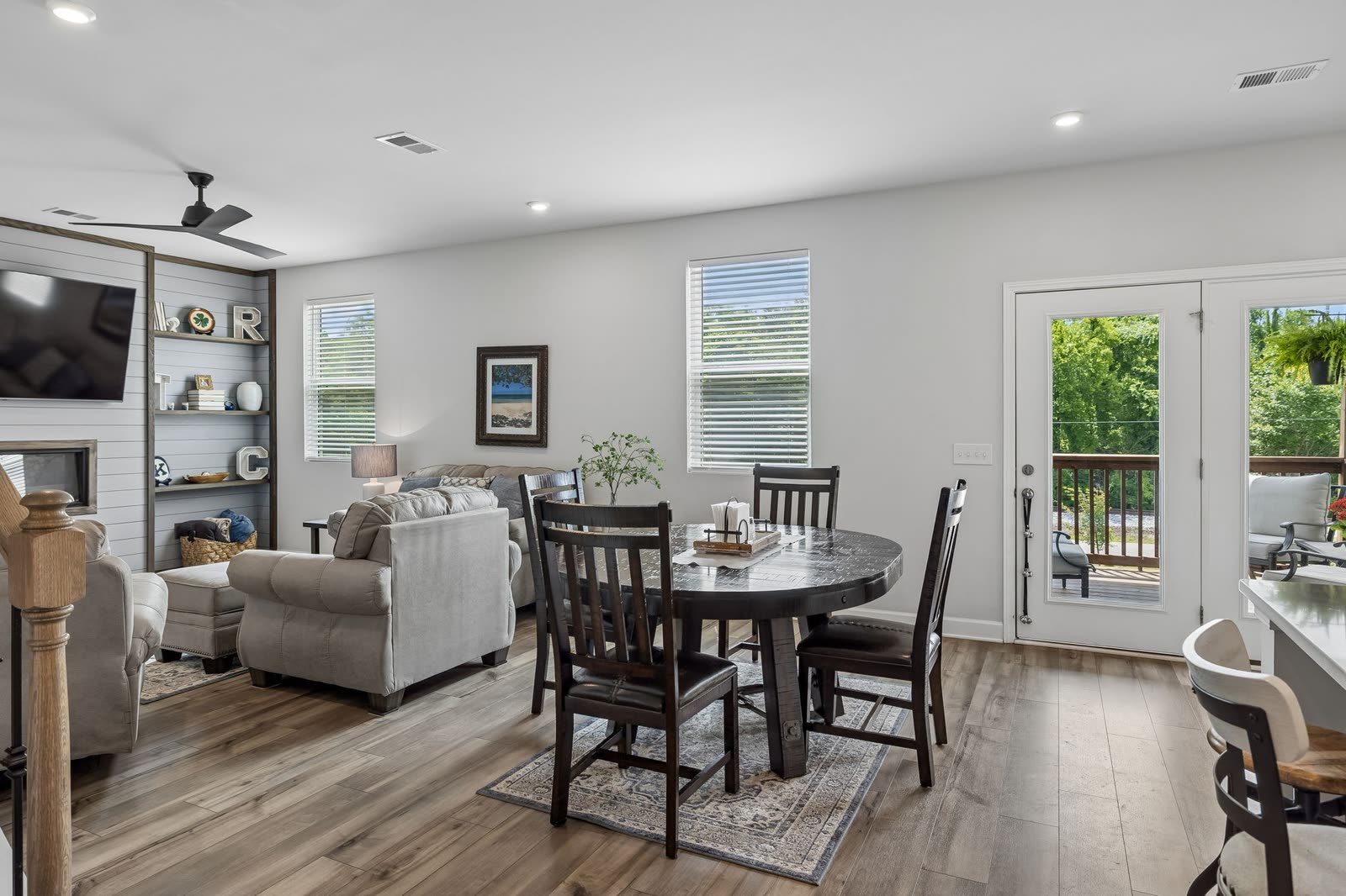 Great room with fireplace and built-in shelving at 123 Millbrook Drive