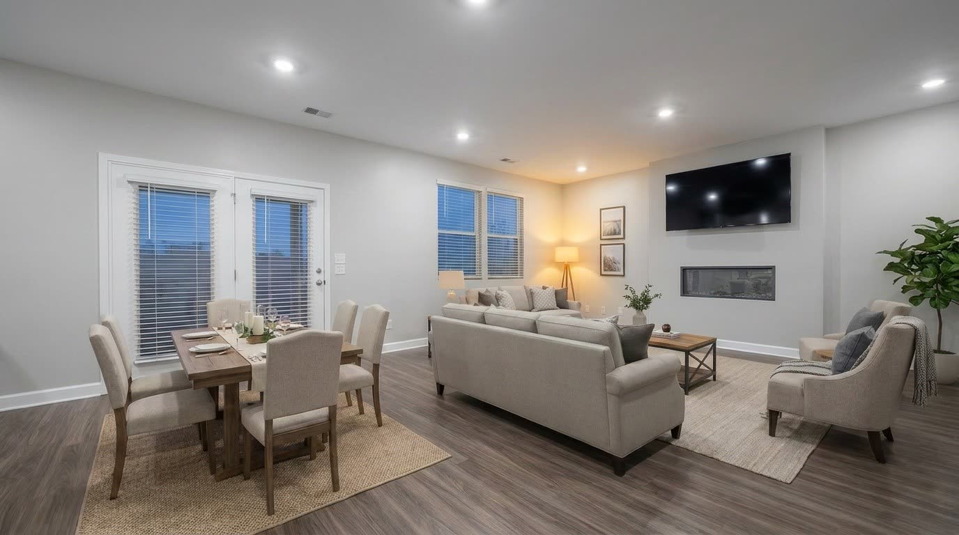 Open living and dining room with fireplace at 138 Millbrook Drive
